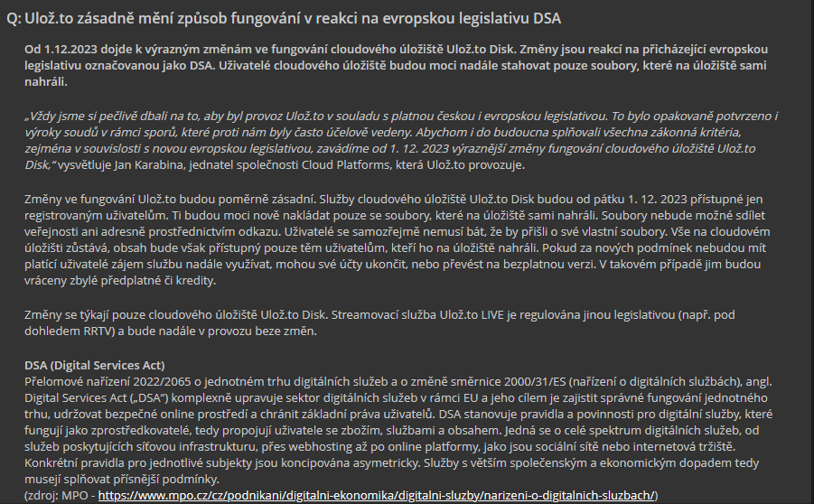 Oznámení na webu Ulož.to